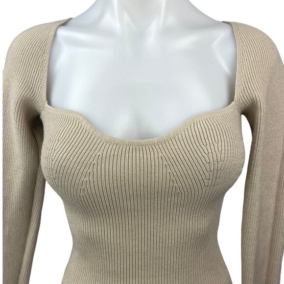 Zara Beige Sweetheart Neck Slim Fitted Stretch Knit Long Sleeve Sweater Top S - Picture 3 of 4